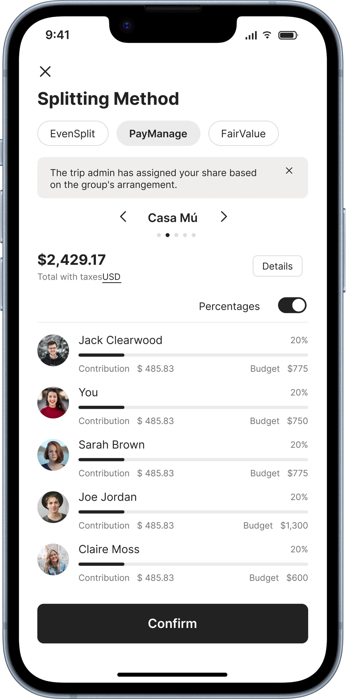 The PayManage splitting method with custom percentages