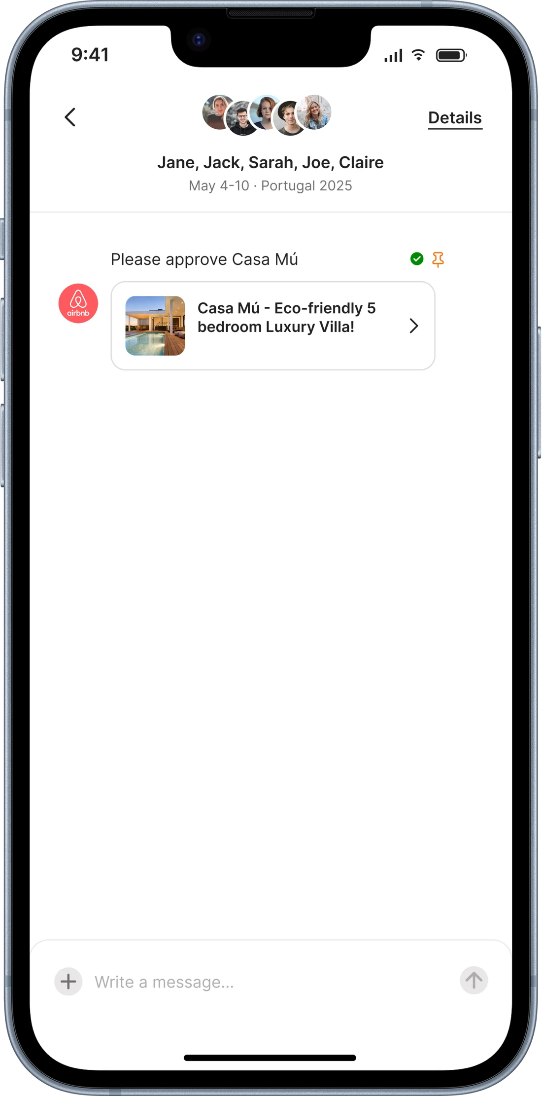 The group message thread, with an approval request for Casa M&uacute; pinned to the top
