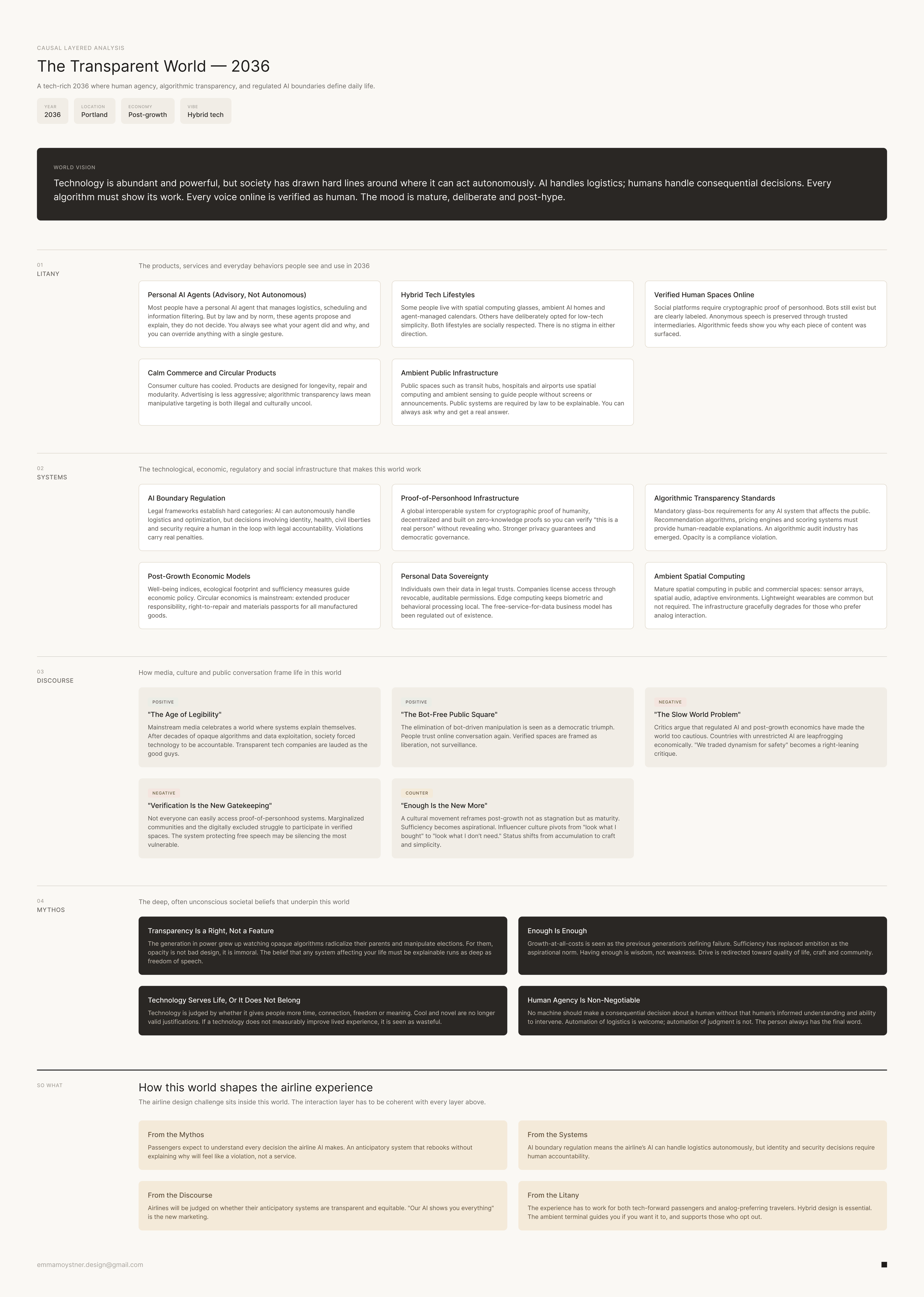 Causal Layered Analysis map of The Transparent World 2036, from litany through systems and discourse to myths