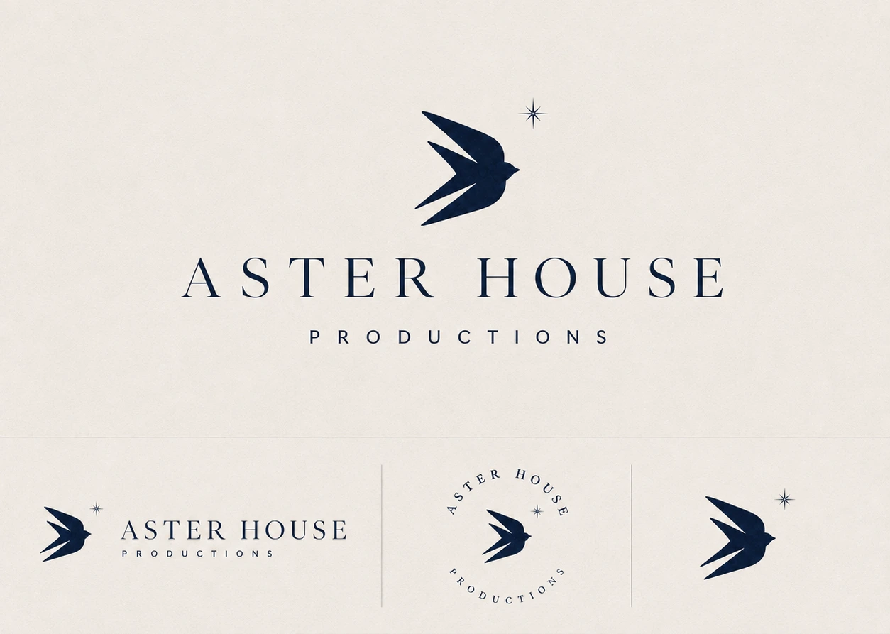 Round two of the identity. A navy swallow drawn as a solid silhouette with its wings cut out of the negative space, a small star tucked into the notch above the upper wing, over ASTER HOUSE and PRODUCTIONS, with horizontal, crest and icon-only lockups below.