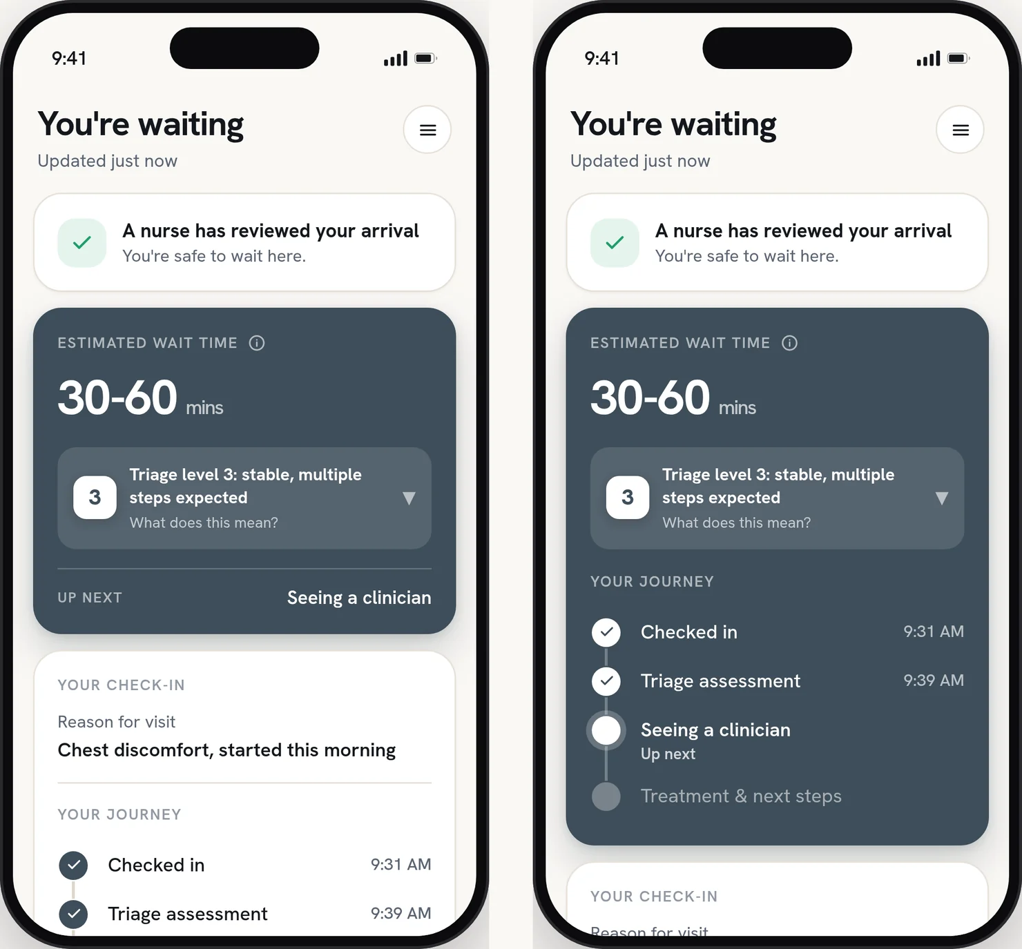 The two tested layouts side by side. Left: the estimated wait card with up next, and the journey further down inside the check-in card. Right: the same wait card with the journey timeline inside it.