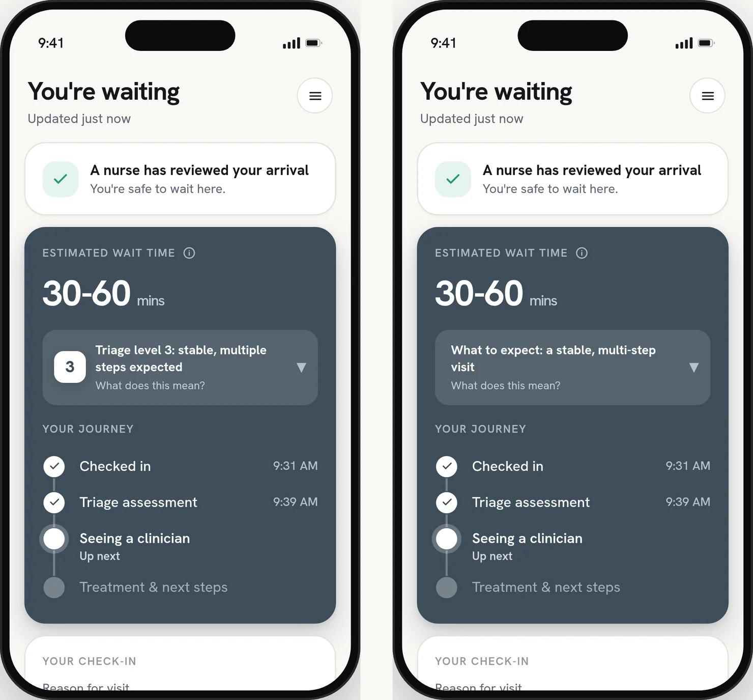 The same waiting screen twice. Left: the triage card leads with a numeral 3 and the line 
