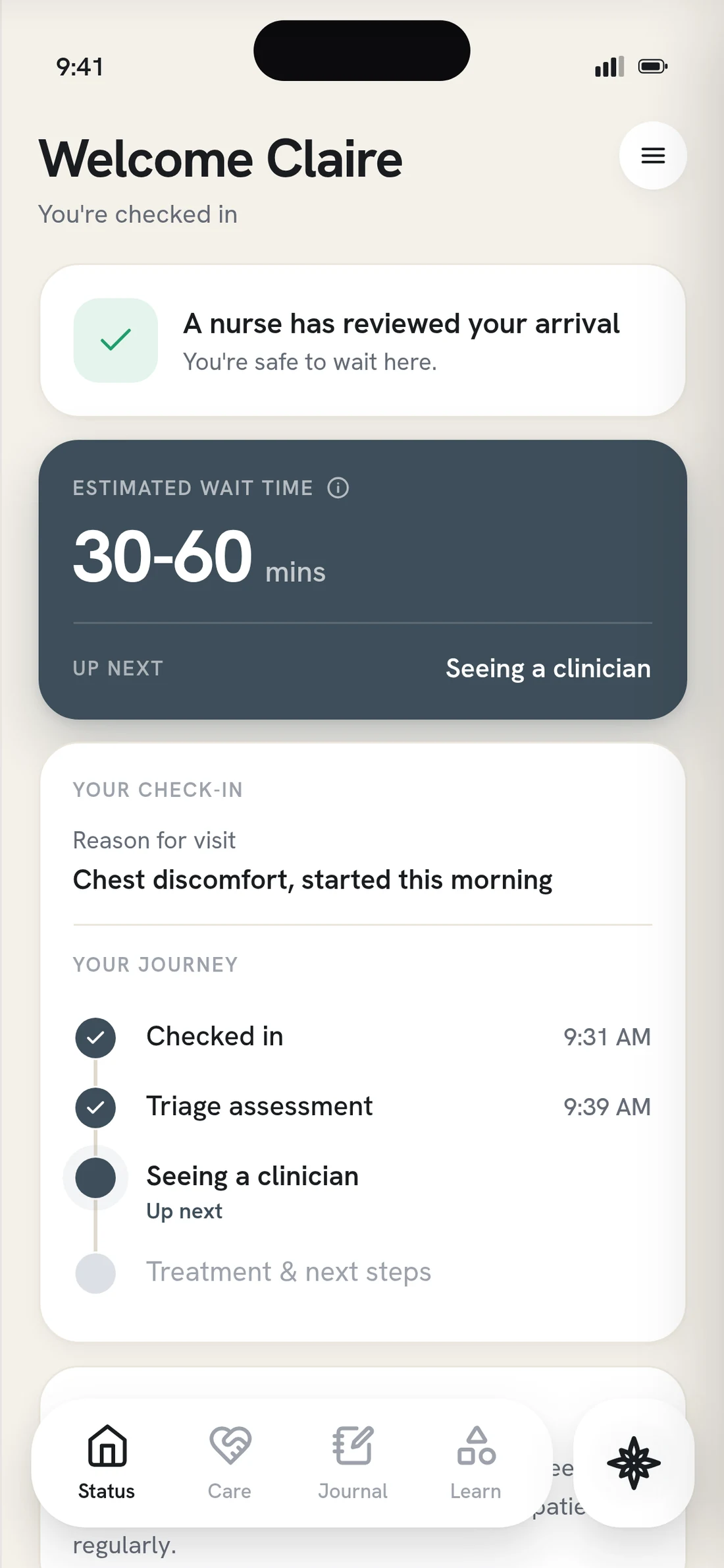 &ldquo;Welcome Claire, you&rsquo;re checked in&rdquo;: a nurse has reviewed your arrival, an estimated wait of 30 to 60 minutes with seeing a clinician up next, the reason for visit, and a journey stepper from checked in to treatment and next steps.