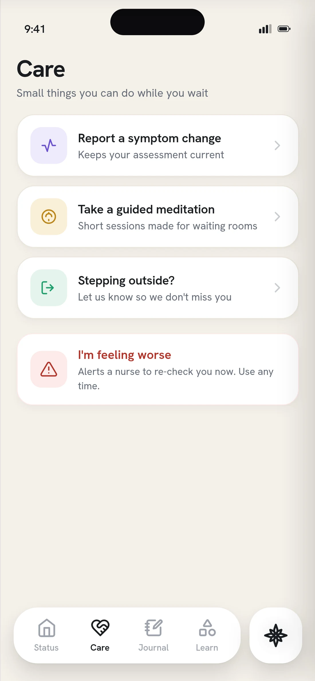 &ldquo;Small things you can do while you wait&rdquo;: report a symptom change, take a guided meditation, say you are stepping outside, and an &ldquo;I&rsquo;m feeling worse&rdquo; row that alerts a nurse to re-check you.