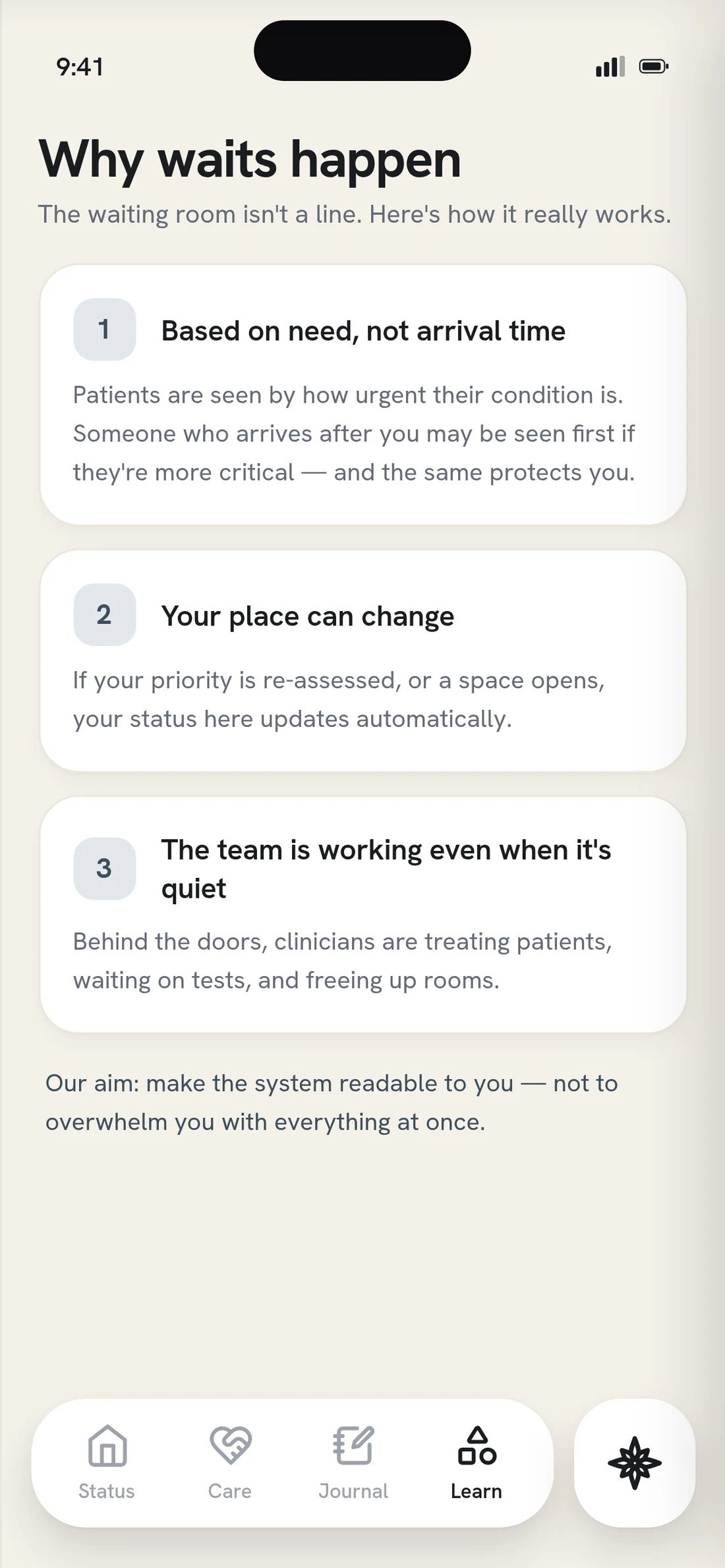 &ldquo;Why waits happen&rdquo;: three numbered explanations, seen by need not arrival time, your place can change, and the team is working even when it is quiet, above a line saying the aim is to make the system readable rather than to overwhelm you.