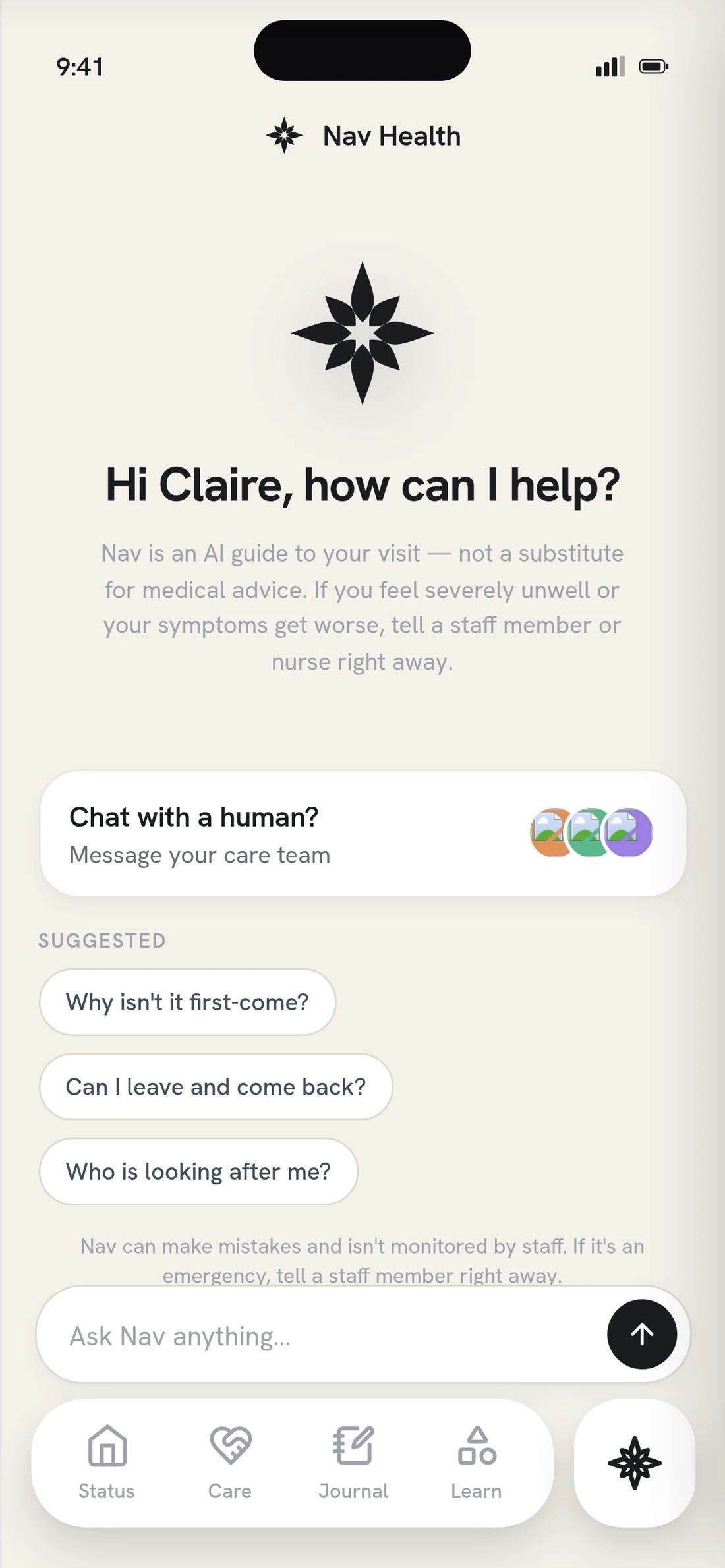 The companion: &ldquo;Hi Claire, how can I help?&rdquo; with a note that it is an AI guide and not a substitute for medical advice, a row to chat with a human on the care team, three suggested questions, and an ask-anything field.