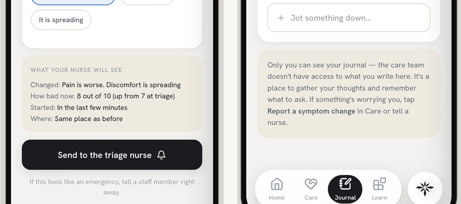 Left: a card headed what your nurse will see, listing what changed, how bad it is now against the triage number, when it started and where, above a send to the triage nurse button. Right: the journal, with a note that only you can see it and the care team does not have access to what you write.