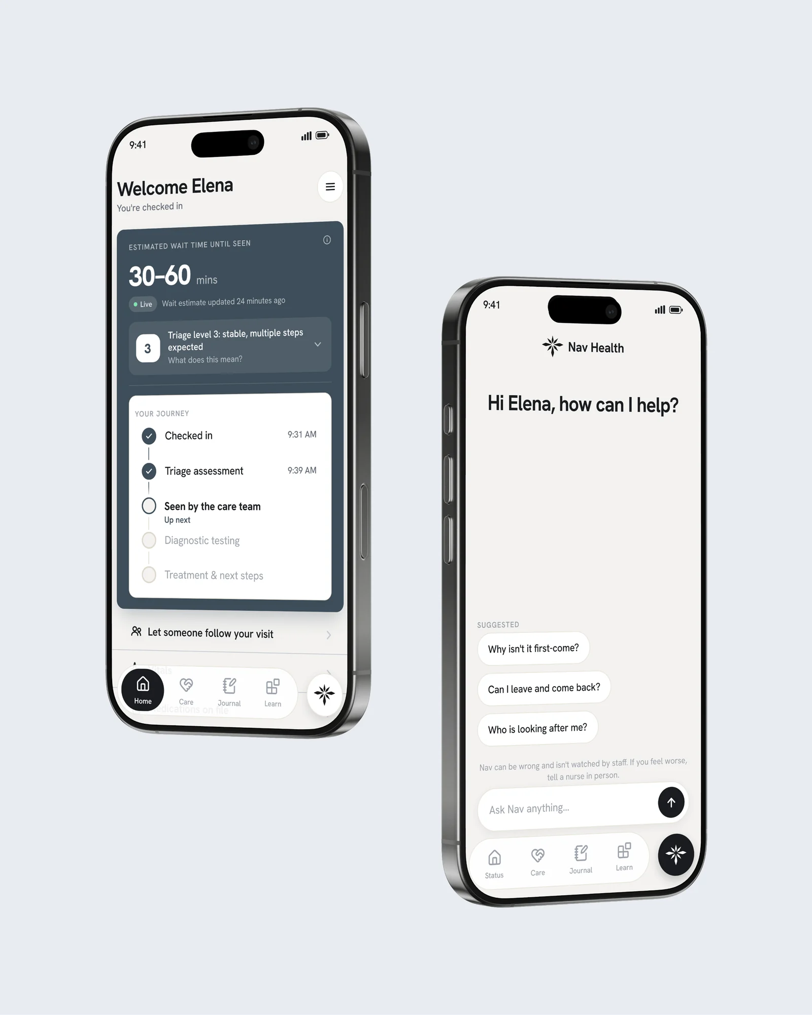 Nav Health: the waiting view and the assistant screen