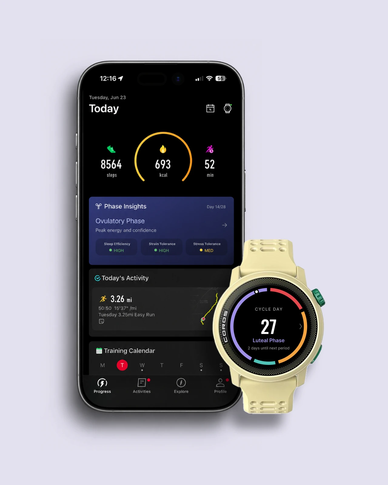 The COROS redesign on a phone and a watch: the phone shows Phase Insights reading Ovulatory Phase, day 14 of 28; the watch shows Cycle Day 27, Luteal Phase