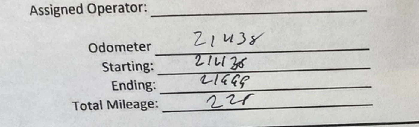 Close crop of the handwritten odometer rows: starting, ending and total mileage