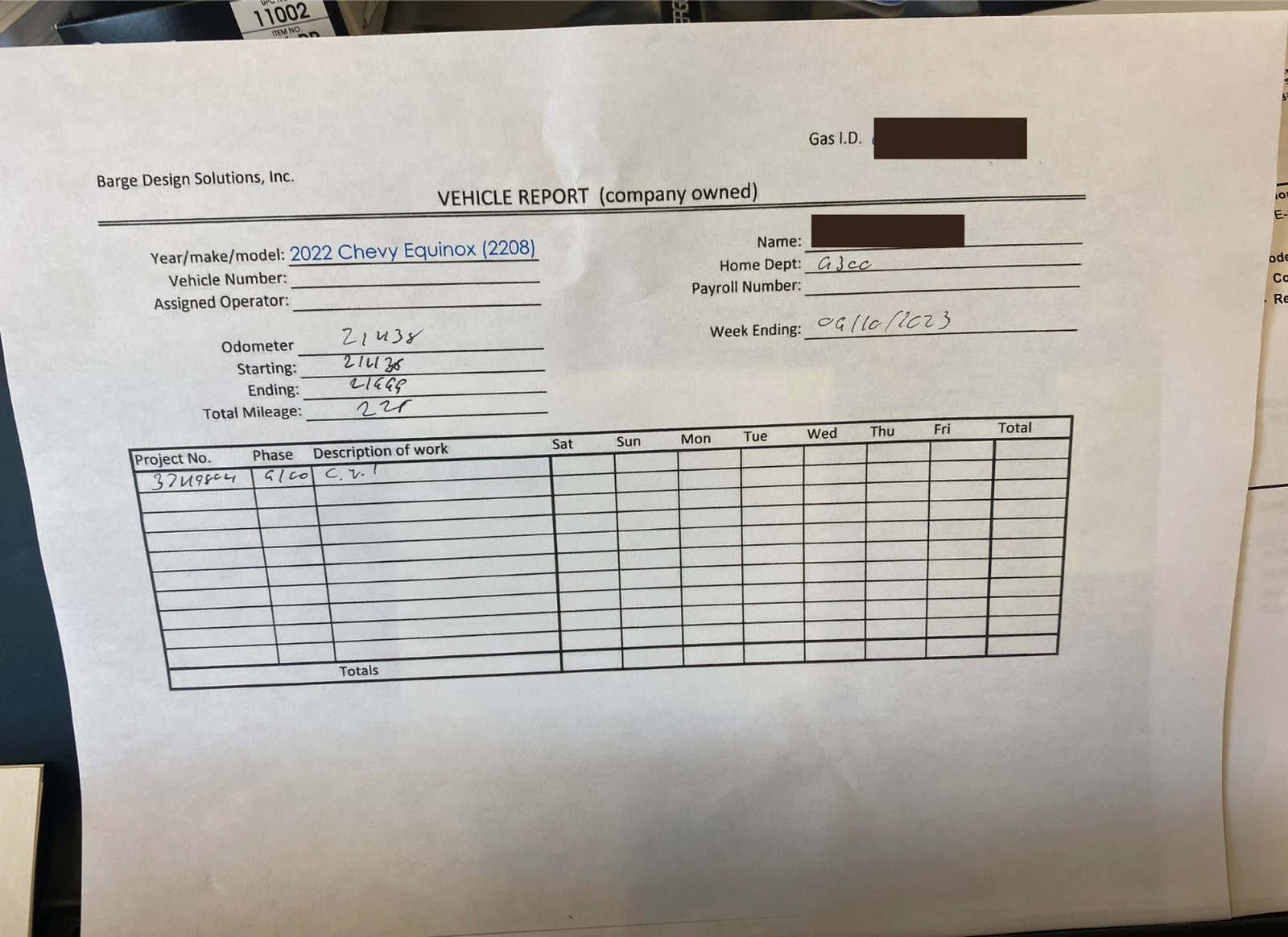 The Barge Design Solutions paper vehicle report, filled in by hand