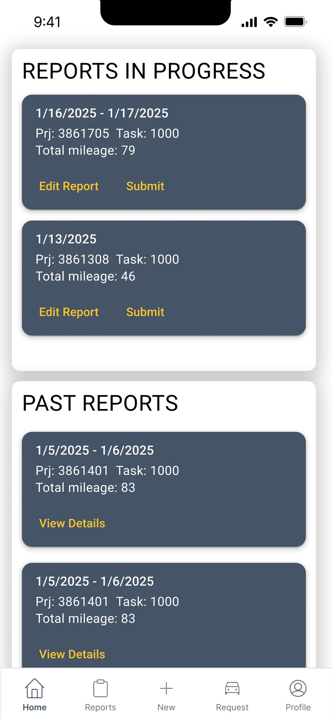 Version 2 home screen, reports in progress