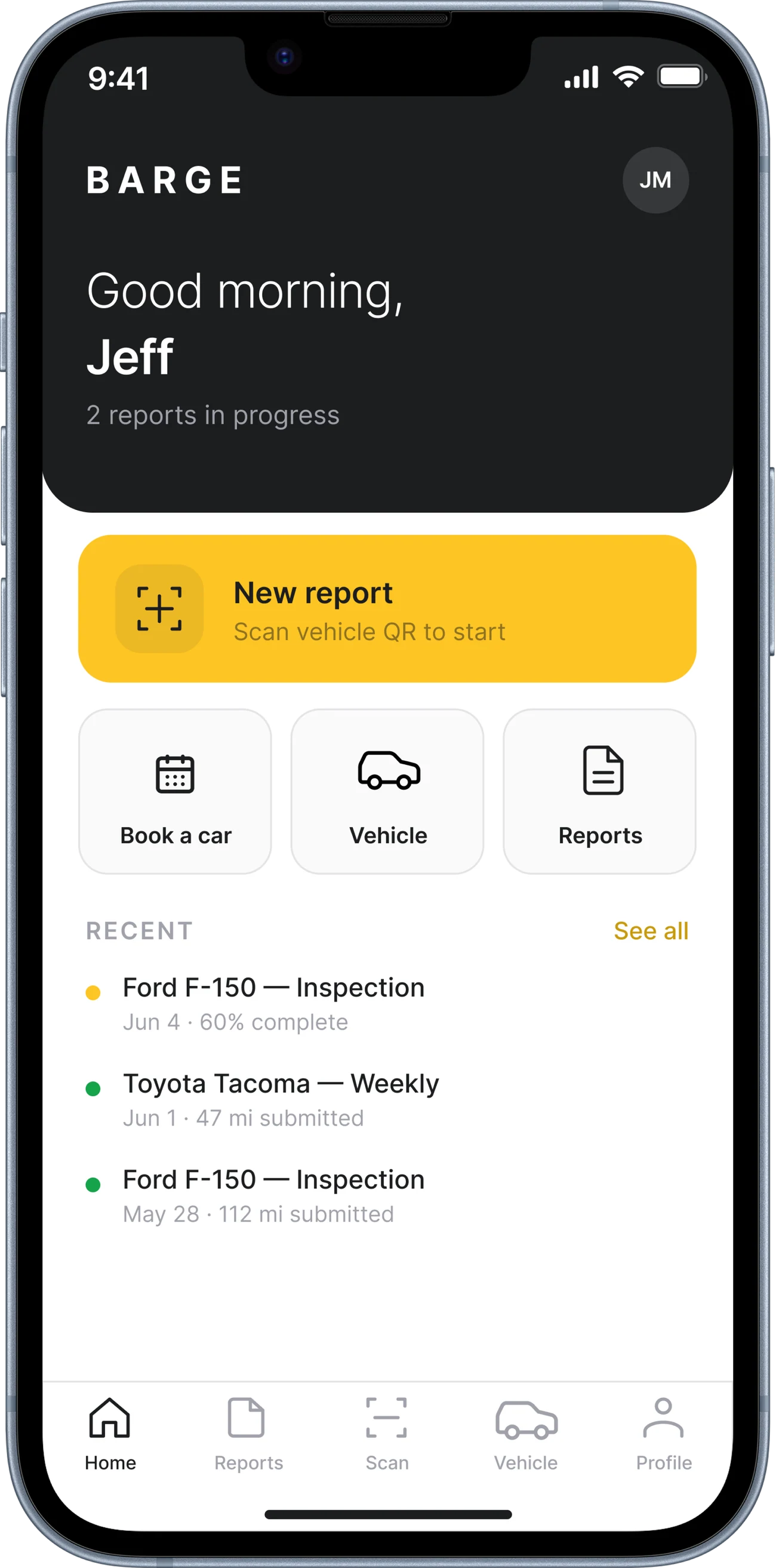 Home screen, new report and recent activity