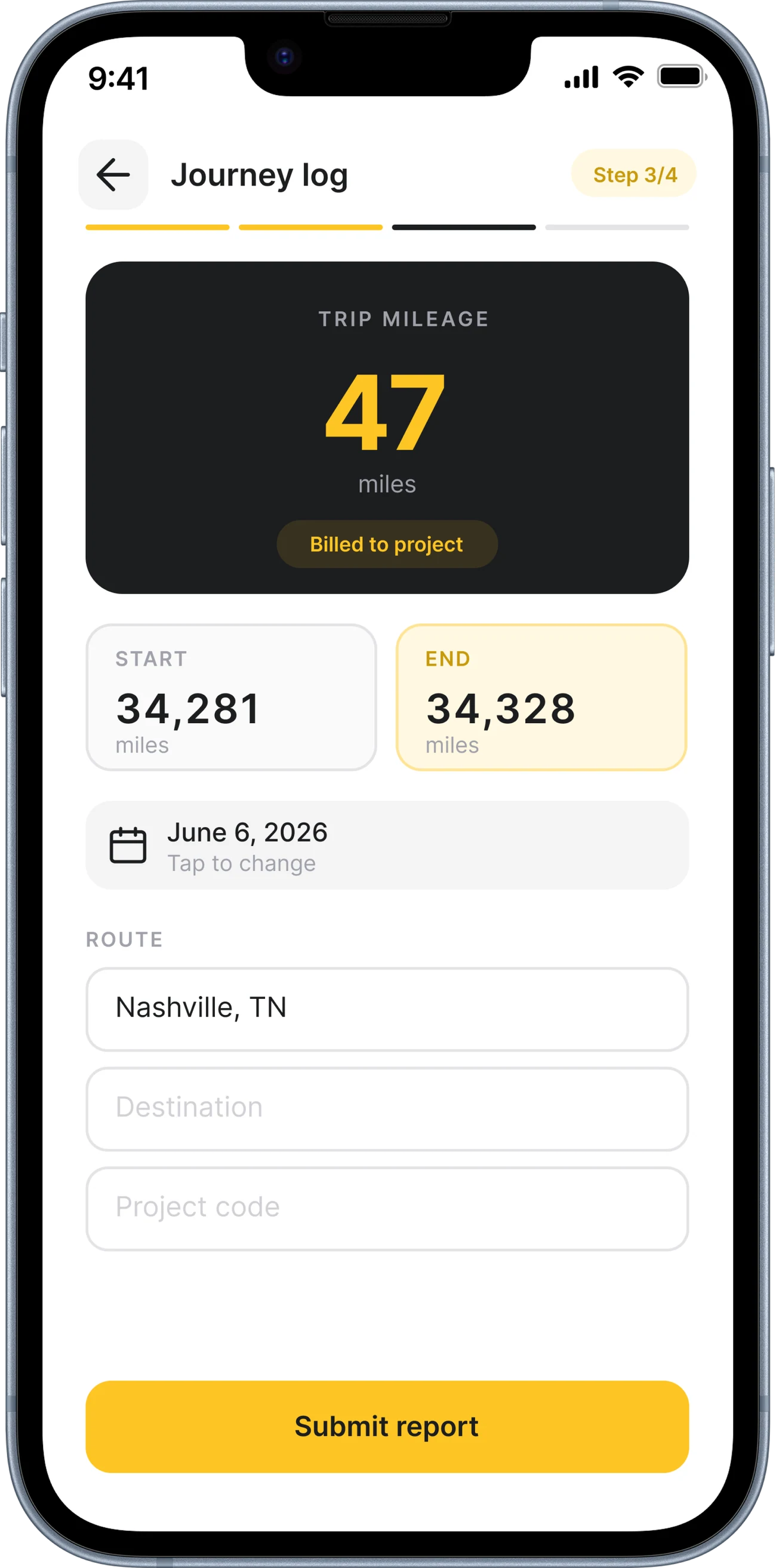 The journey log with trip mileage as the hero number, badged as billed to project