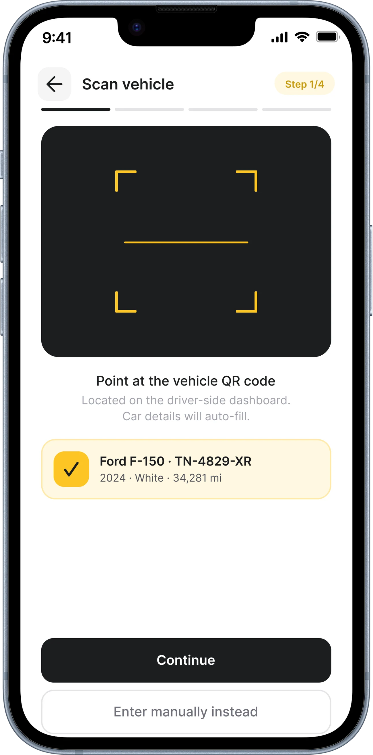 Scanning the vehicle QR code to start a report