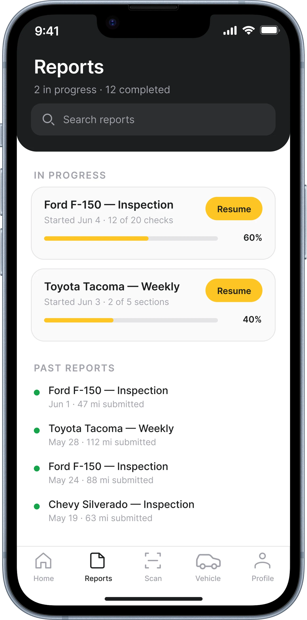 Reports list, in progress and past reports