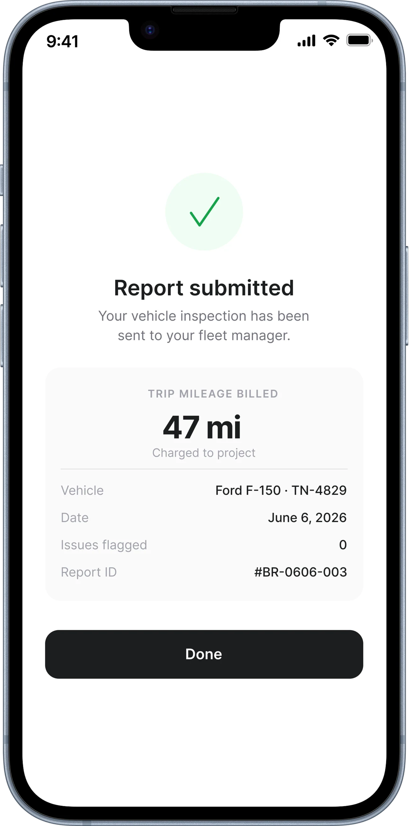 Report submitted, with the billed mileage confirmed