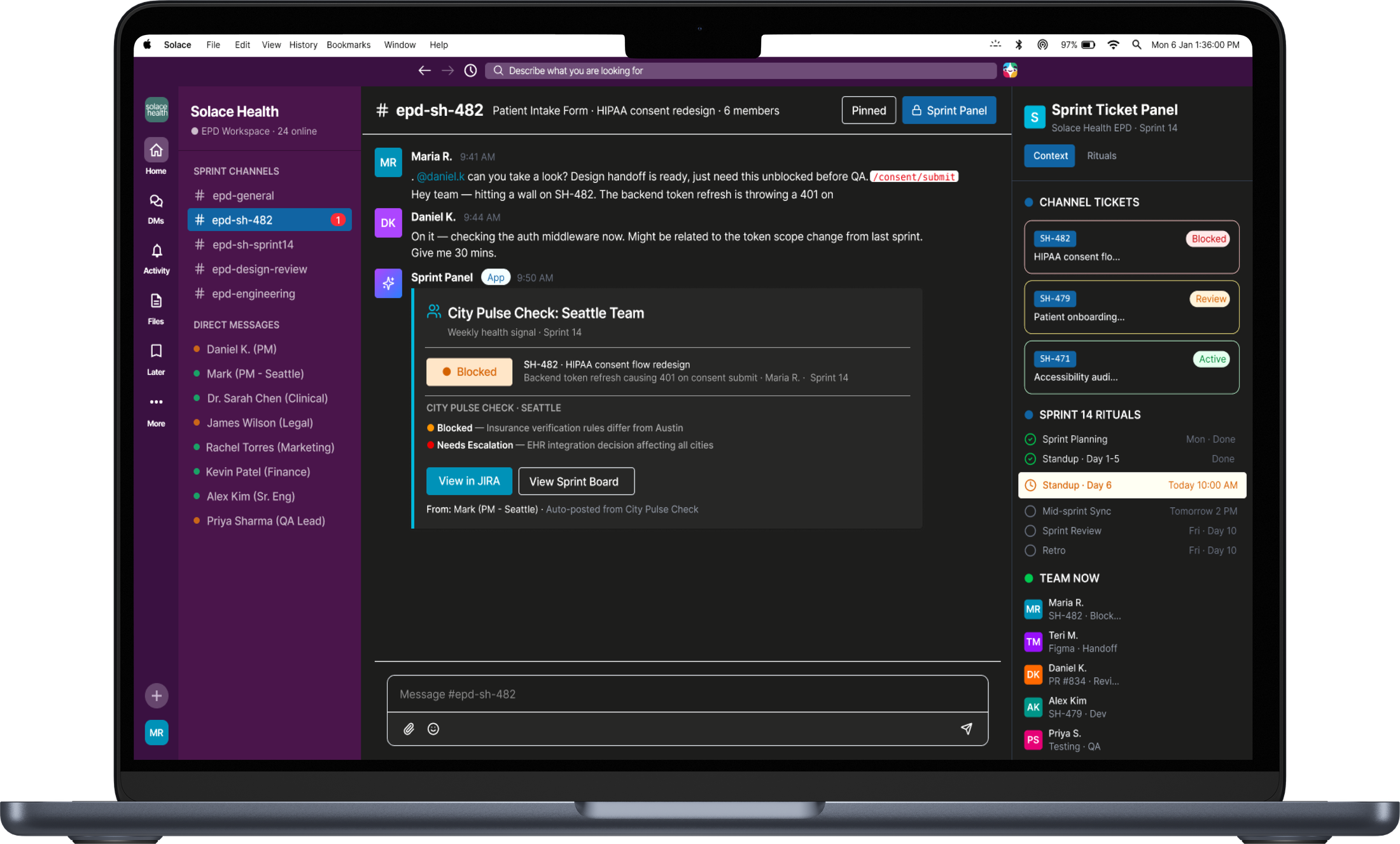 The Sprint Ticket Panel running alongside Slack: a blocked ticket, a City Pulse Check post, and the sprint&rsquo;s rituals listed down the right